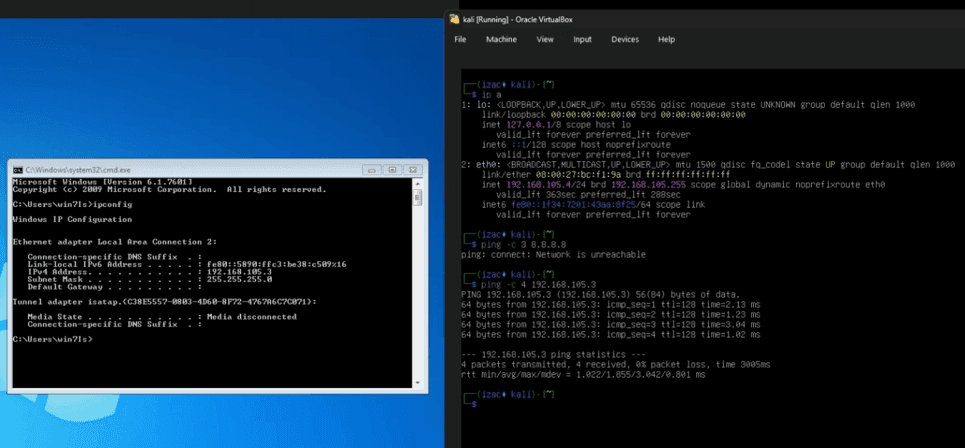 Reconnaissance — confirming the target's IP on the isolated lab network (ipconfig on the Windows host, ip a on Kali).