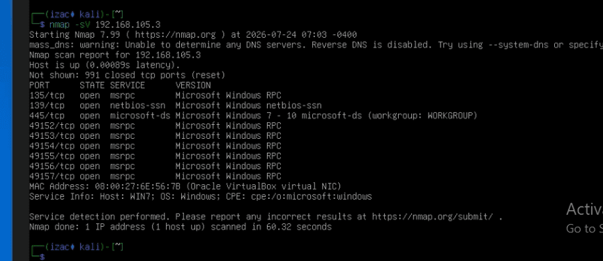 Service enumeration — an Nmap version scan revealing open SMB and RPC ports on the Windows target.