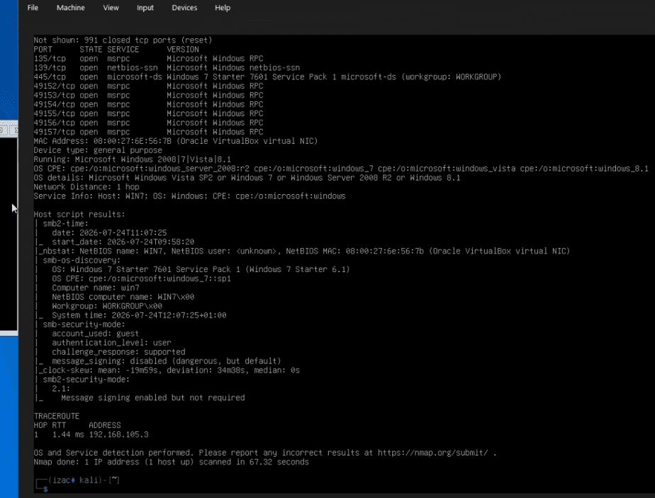 OS fingerprinting — Nmap OS detection and SMB scripts identifying Windows 7 SP1 and its SMB security configuration.